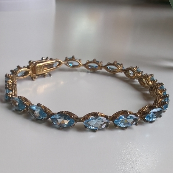 Vintage RJ 925 Sterling Silver Vermeil Marquise Cut Blue Topaz Bracelet - Picture 1 of 17